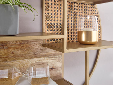 Rootz Rattan Wall Shelf - Solid Wood and Metal - Industrial Hanging Shelf - Round Wall-mounted Shelf - Open Living Room Shelving -  62x62x17 cm