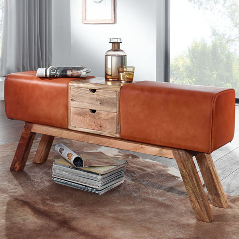 Rootz Turnbock Bench - Bank met Laden - Gymkruk met Opbergruimte - Bruin Leer - 120x56x30 cm
