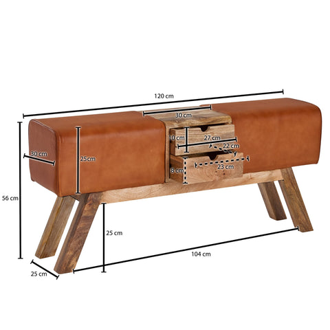 Rootz Turnbock Bench - Bank met Laden - Gymkruk met Opbergruimte - Bruin Leer - 120x56x30 cm