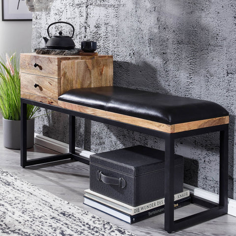 Rootz Goatskin Bench - Retro Style Solid Wood Bench - Metal Hallway Upholstered Bench with Storage - Black Padded Leather Storage Bench - Small Hallway Bench - 100x60x35 cm