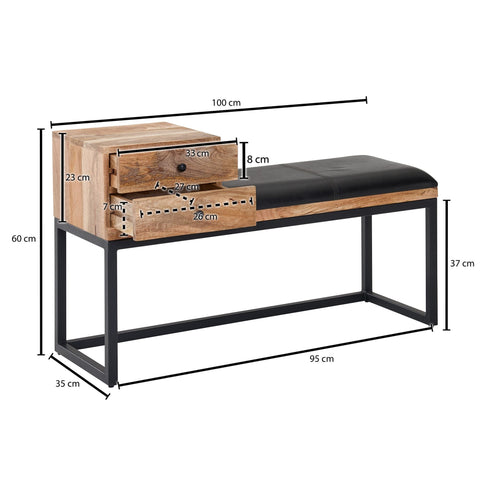 Rootz Goatskin Bench - Retro Style Solid Wood Bench - Metal Hallway Upholstered Bench with Storage - Black Padded Leather Storage Bench - Small Hallway Bench - 100x60x35 cm