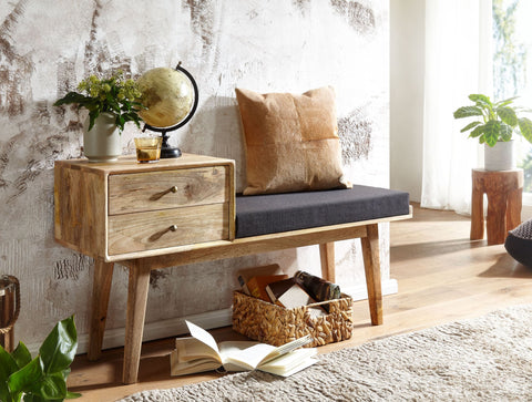 Rootz stoffen bank - massief houten bank in retrostijl - gestoffeerde gangbank met opbergruimte - zwart gestoffeerde stoffen opbergbank - kleine gangbank - 120x65x40 cm