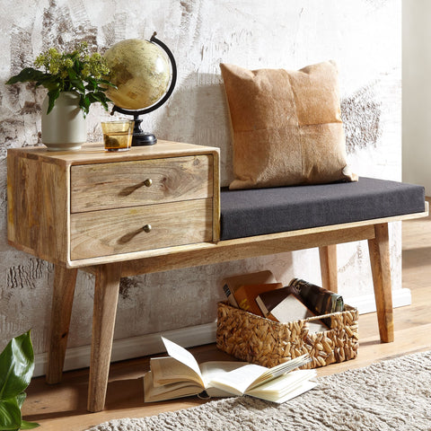 Rootz stoffen bank - massief houten bank in retrostijl - gestoffeerde gangbank met opbergruimte - zwart gestoffeerde stoffen opbergbank - kleine gangbank - 120x65x40 cm