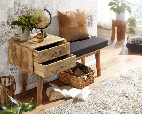 Rootz stoffen bank - massief houten bank in retrostijl - gestoffeerde gangbank met opbergruimte - zwart gestoffeerde stoffen opbergbank - kleine gangbank - 120x65x40 cm