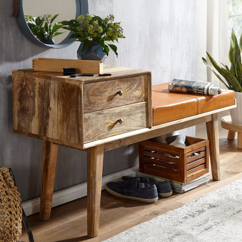 Rootz Bank - Geitenleer - Retrostijl massief houten bank - Gestoffeerde bank in de gang met opbergruimte - Bruin gewatteerde leren opbergbank - Kleine gangbank - 120x65x40 cm