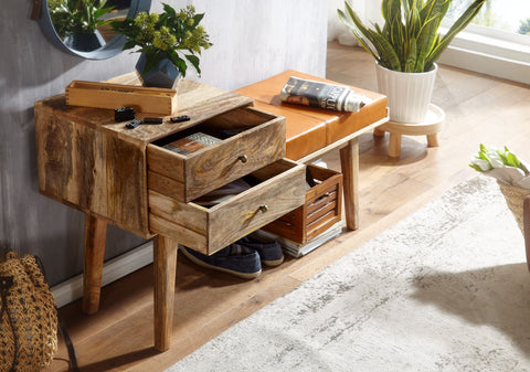 Rootz Bank - Geitenleer - Retrostijl massief houten bank - Gestoffeerde bank in de gang met opbergruimte - Bruin gewatteerde leren opbergbank - Kleine gangbank - 120x65x40 cm