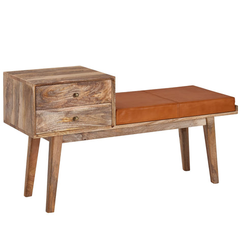 Rootz Bank - Geitenleer - Retrostijl massief houten bank - Gestoffeerde bank in de gang met opbergruimte - Bruin gewatteerde leren opbergbank - Kleine gangbank - 120x65x40 cm