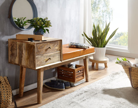 Rootz Bank - Geitenleer - Retrostijl massief houten bank - Gestoffeerde bank in de gang met opbergruimte - Bruin gewatteerde leren opbergbank - Kleine gangbank - 120x65x40 cm