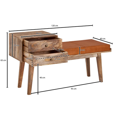 Rootz Bank - Geitenleer - Retrostijl massief houten bank - Gestoffeerde bank in de gang met opbergruimte - Bruin gewatteerde leren opbergbank - Kleine gangbank - 120x65x40 cm