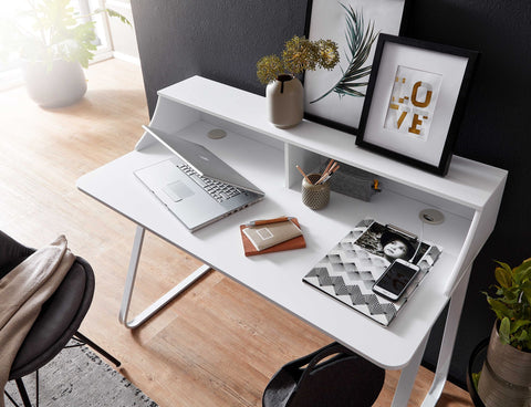 Rootz-Schreibtisch – Weißer moderner Computertisch mit Ablage – Kleiner Design-Bürotisch mit Kabelmanagement – ​​PC-Tisch mit Metallbeinen – Heimbüro-Konsole – 120 x 60 x 90 cm
