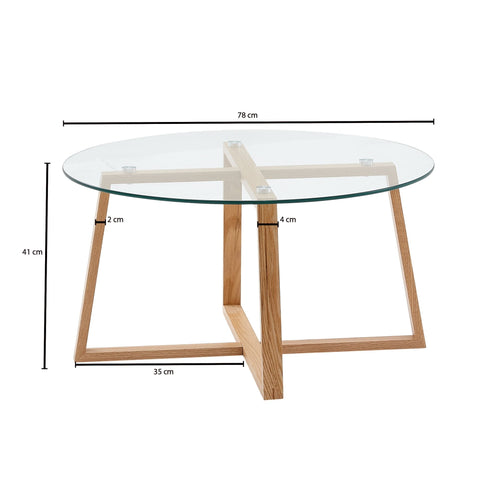 Rootz Couchtisch – Massive Eiche mit rundem Glas – Modernes Design für Wohnzimmer – Großer Holztisch – 78 x 78 x 41 cm 