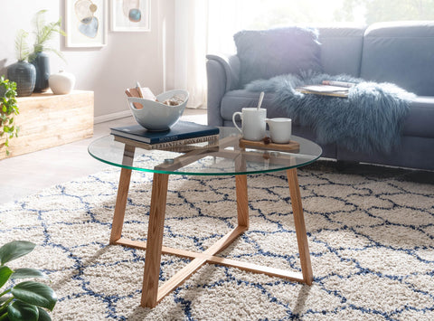 Rootz Couchtisch – Massive Eiche mit rundem Glas – Modernes Design für Wohnzimmer – Großer Holztisch – 78 x 78 x 41 cm 