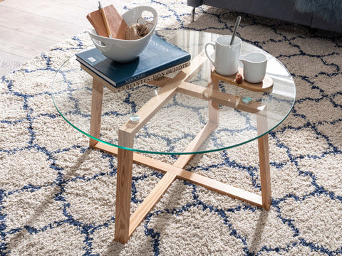 Rootz Couchtisch – Massive Eiche mit rundem Glas – Modernes Design für Wohnzimmer – Großer Holztisch – 78 x 78 x 41 cm 