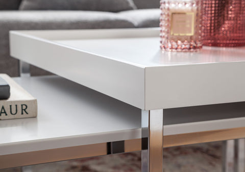 Rootz Couchtische – Quadratischer weißer moderner Couchtisch – 2-teiliger Beistelltisch – Holz-Metall – Set mit 2 Wohnzimmer-Satztischen 