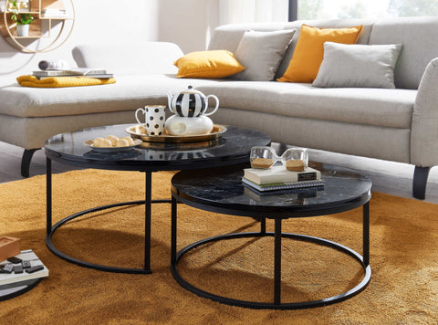 Rootz Couchtische – Runde Couchtische in schwarzer Marmoroptik – Modernes Design – 2-teiliger Metall-Beistelltisch – Set mit 2 Wohnzimmer-Satztischen