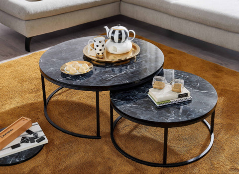 Rootz Couchtische – Runde Couchtische in schwarzer Marmoroptik – Modernes Design – 2-teiliger Metall-Beistelltisch – Set mit 2 Wohnzimmer-Satztischen
