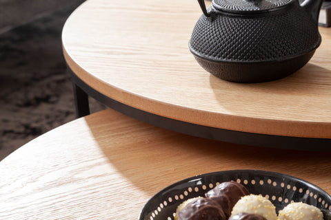 Rootz Coffee Tables - Wood-Metal Round Coffee Tables - Modern Oak Design - 2-Part Side Table - Set of 2 Living Room Nesting Tables