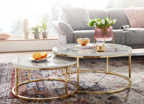 Rootz Couchtische – Weißgold-Marmoroptik – Set mit 2 runden modernen Couchtischen – 2-teiliges Metall – Design-Satztische 