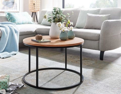 Rootz Couchtisch – Wohnzimmertisch aus Holz und Metall – Eichenholz-Design – moderner runder Wohnzimmertisch – Couchtisch aus Holz – 70 x 70 x 45 cm 