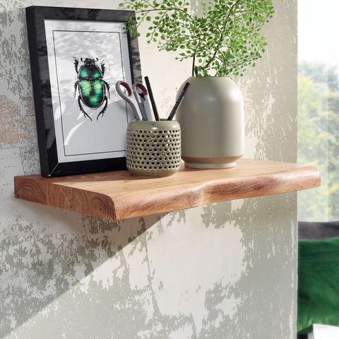 Rootz Wall Shelf - Acacia Wood with Tree Edge - Design Floating Shelf - Natural Wood Wall Board - Country Style Hanging Shelf - 40 cm