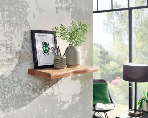 Rootz Wall Shelf - Acacia Wood with Tree Edge - Design Floating Shelf - Natural Wood Wall Board - Country Style Hanging Shelf - 40 cm