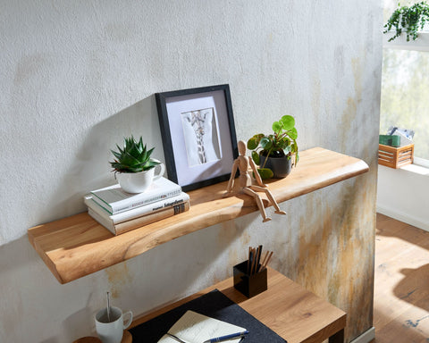 Rootz Wall Shelf - Solid Acacia Wood with Tree Edge - Design Floating Shelf - Natural Wood Wall Board - Country Style Hanging Shelf - 120 cm