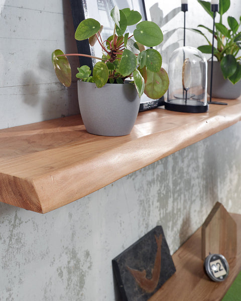 Rootz Wall Shelf - Solid Acacia Wood with Tree Edge - Design Floating Shelf - Natural Wood Wall Board - Country Style Hanging Shelf - 140 cm