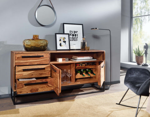 Rootz Wine Rack - Industrial Sideboard - Solid Sheesham Wood and Metal - Drawer Cabinet Home Bar - 165x80x40 cm