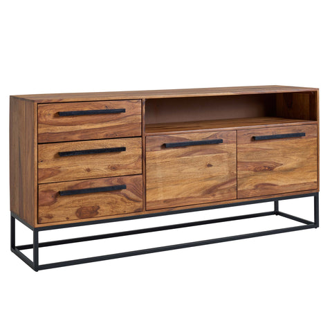 Rootz Wine Rack - Industrial Sideboard - Solid Sheesham Wood and Metal - Drawer Cabinet Home Bar - 165x80x40 cm