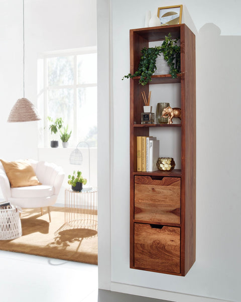 Rootz Floating Wall Shelf with Drawers - Solid Sheesham Wood - Modern Design - Living Room Hanging Bookshelf - Large - 35x150x30 cm