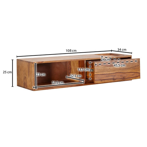 Rootz TV Cabinet with Storage - Hanging Lowboard - Solid Sheesham Wood - Modern Design - Wall-mounted TV Stand - 108x25x34 cm