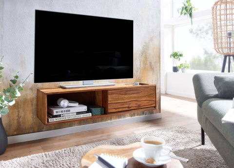 Rootz TV Cabinet with Storage - Hanging Lowboard - Solid Sheesham Wood - Modern Design - Wall-mounted TV Stand - 108x25x34 cm