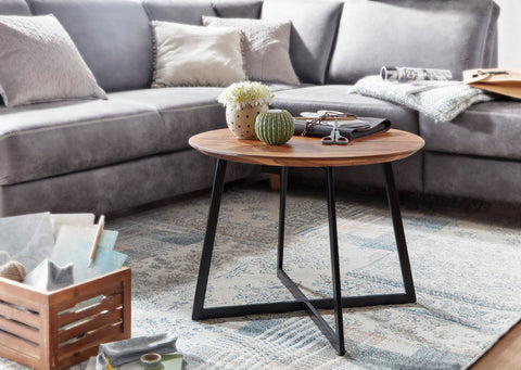 Rootz Couchtisch – Runder Couchtisch aus Metall – Modernes Design für Wohnzimmer – Kleiner Beistelltisch – Massives Sheesham-Holz – 60 x 60 x 45 cm 