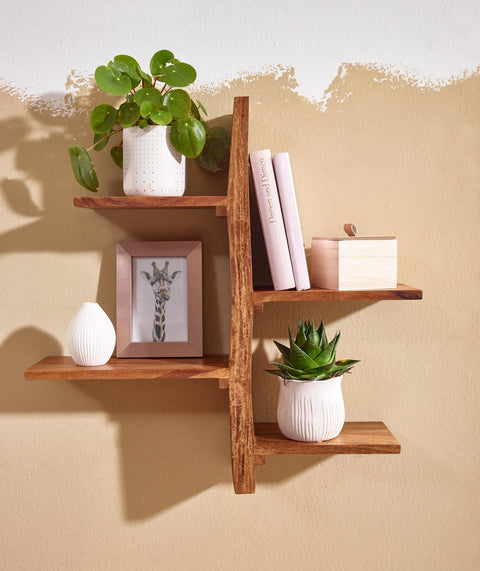 Rootz Wall Shelf - Modern Tree-Shaped Hanging Shelf - Large Design for Living Room - Floating Bookshelf Wall - Solid Sheesham Wood - 58x60x15 cm