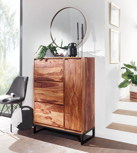 Rootz Shoe Cabinet - Solid Sheesham Wood - Closed Shoe Rack - Design Shoe Chest with Shelf - High Shoe Storage Chest of Drawers - 88x120x40 cm