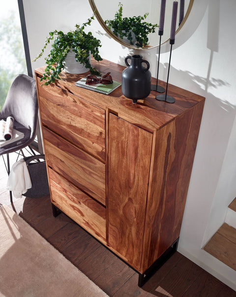 Rootz Shoe Cabinet - Solid Sheesham Wood - Closed Shoe Rack - Design Shoe Chest with Shelf - High Shoe Storage Chest of Drawers - 88x120x40 cm