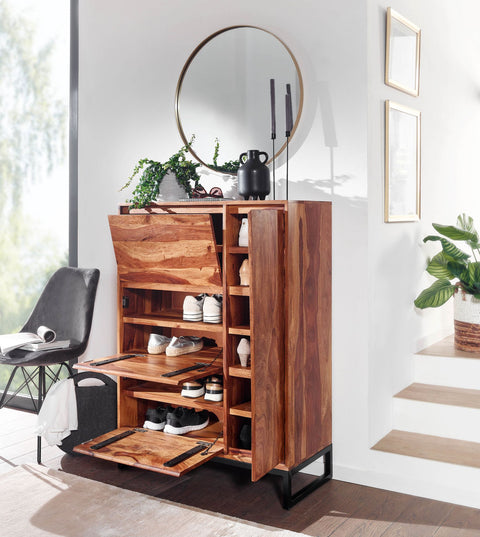 Rootz Shoe Cabinet - Solid Sheesham Wood - Closed Shoe Rack - Design Shoe Chest with Shelf - High Shoe Storage Chest of Drawers - 88x120x40 cm