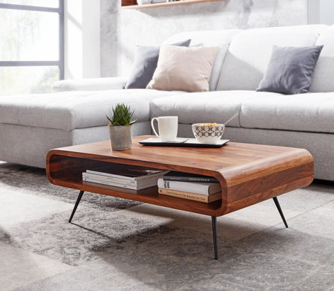 Rootz Couchtisch – Eck-Couchtisch aus Metall – Wohnzimmertisch mit Stauraum – Massiver rechteckiger Couchtisch – Kleiner moderner Beistelltisch – Palisander-Massivholz – 90 x 55 x 30 cm 