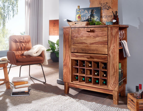 Rootz Wine Bar - Wine Cabinet with Bottle Storage - Modern Country House Bar - Sheesham Solid Wood - 88x102x40 cm