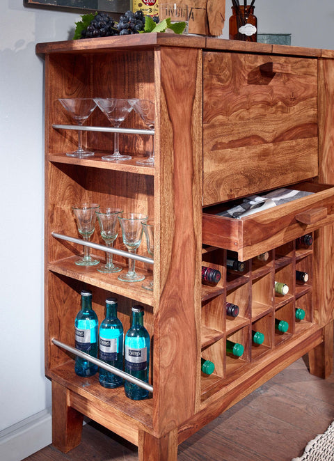 Rootz Weinbar – Weinschrank mit Flaschenaufbewahrung – moderne Landhausbar – Sheesham-Massivholz – 88 x 102 x 40 cm 