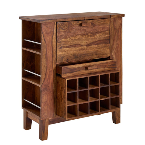 Rootz Wine Bar - Wine Cabinet with Bottle Storage - Modern Country House Bar - Sheesham Solid Wood - 88x102x40 cm