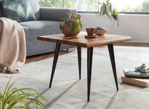 Rootz Couchtisch – Sheesham-Holz mit Baumkante – quadratischer Metallrahmen – kleiner moderner Wohnzimmertisch – 50 x 50 x 40 cm 