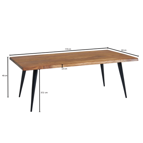 Rootz Couchtisch – Sheesham-Holz mit Baumkante – eckiger Metallrahmen – großer moderner Wohnzimmertisch – 110 x 60 x 40 cm 