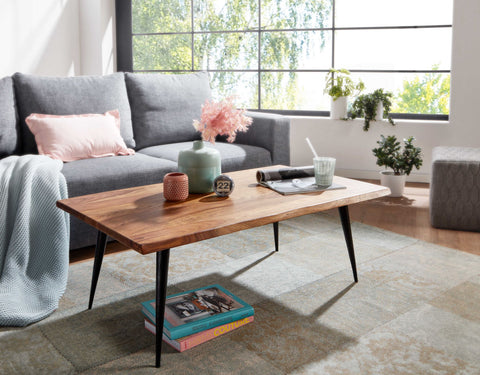 Rootz Couchtisch – Sheesham-Holz mit Baumkante – eckiger Metallrahmen – großer moderner Wohnzimmertisch – 110 x 60 x 40 cm 
