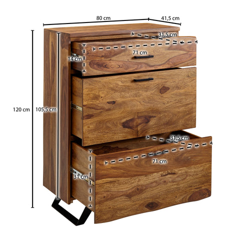 Rootz Chest of Drawers - Metal Hall Chest of Drawers - Highboard Sideboard with Tree Edge - Modern Wood Dresser Cabinet - Standing Cupboard - Solid Sheesham Wood - 80x120x41.5 cm
