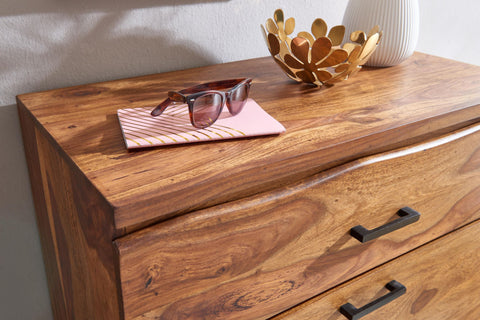 Rootz Chest of Drawers - Metal Hall Chest of Drawers - Highboard Sideboard with Tree Edge - Modern Wood Dresser Cabinet - Standing Cupboard - Solid Sheesham Wood - 80x120x41.5 cm