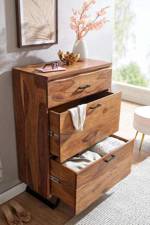 Rootz Chest of Drawers - Metal Hall Chest of Drawers - Highboard Sideboard with Tree Edge - Modern Wood Dresser Cabinet - Standing Cupboard - Solid Sheesham Wood - 80x120x41.5 cm