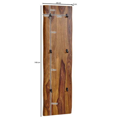 Rootz Wardrobe - Design 2-Row Hook Rail Wall Wardrobe - Wooden Wardrobe - Sheesham Solid Wood -  Metal - 40x140x7 cm with Wane