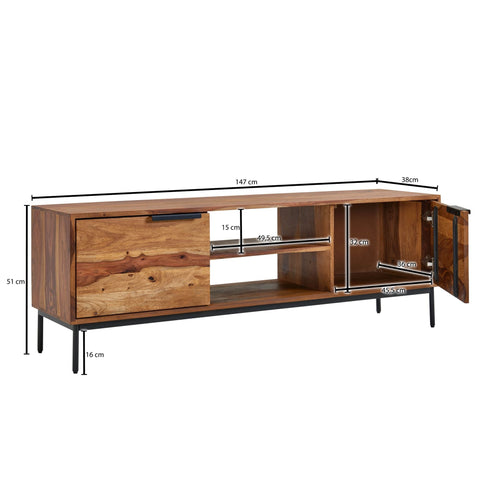 Rootz TV Stand - Lowboard - TV Dresser with Two Doors - Modern TV Cabinet - Living Room TV Stand - Solid Sheesham Wood - 147x51x38 cm