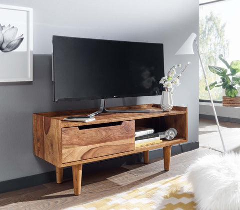 Rootz TV Stand - Lowboard - TV Dresser with Sliding Door - Modern TV Cabinet - Living Room TV Stand - Solid Sheesham Wood - 95x44x34 cm